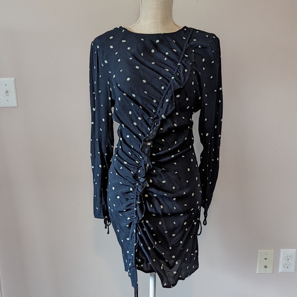Navy Blue Ruched Bodycon Dress with Long Sleeves - Picture 1 of 4